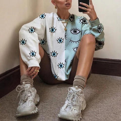 Eye Print White Blue Stitching Pullovers Oversized Sweatshirt Women Long Sleeve Streetwear USA England Style BF 2021 Spring New