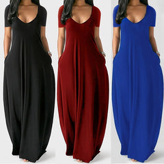LIZAKOSHT  -  Women Maxi Dress Summer Casual V-neck Solid Long Dress Fashion Pockets Short Sleeve Loose Female Vestidos Plus Size Dress