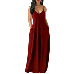 LIZAKOSHT  -  Women Maxi Dress Summer Casual V-neck Solid Long Dress Fashion Pockets Short Sleeve Loose Female Vestidos Plus Size Dress