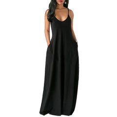 LIZAKOSHT  -  Women Maxi Dress Summer Casual V-neck Solid Long Dress Fashion Pockets Short Sleeve Loose Female Vestidos Plus Size Dress