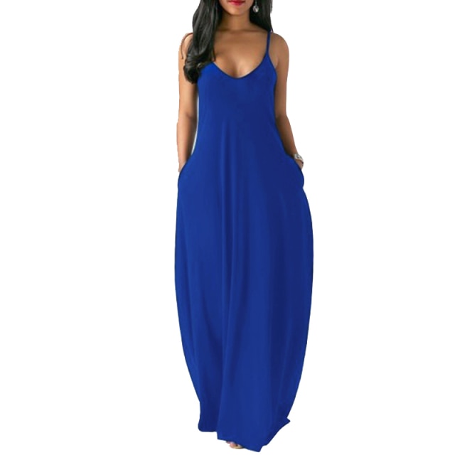 LIZAKOSHT  -  Women Maxi Dress Summer Casual V-neck Solid Long Dress Fashion Pockets Short Sleeve Loose Female Vestidos Plus Size Dress