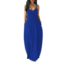 LIZAKOSHT  -  Women Maxi Dress Summer Casual V-neck Solid Long Dress Fashion Pockets Short Sleeve Loose Female Vestidos Plus Size Dress