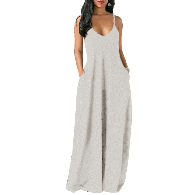 LIZAKOSHT  -  Women Maxi Dress Summer Casual V-neck Solid Long Dress Fashion Pockets Short Sleeve Loose Female Vestidos Plus Size Dress