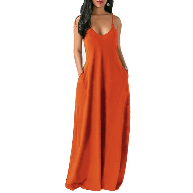 LIZAKOSHT  -  Women Maxi Dress Summer Casual V-neck Solid Long Dress Fashion Pockets Short Sleeve Loose Female Vestidos Plus Size Dress