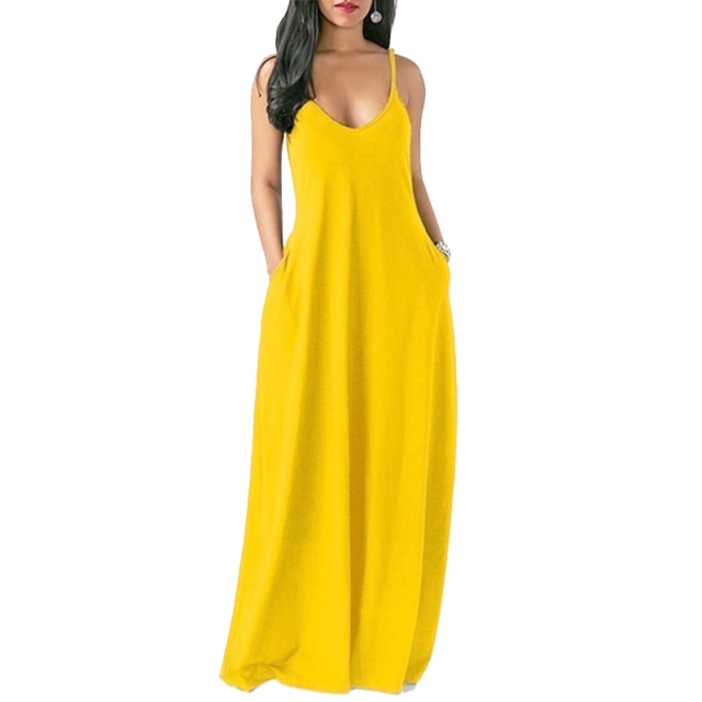 LIZAKOSHT  -  Women Maxi Dress Summer Casual V-neck Solid Long Dress Fashion Pockets Short Sleeve Loose Female Vestidos Plus Size Dress