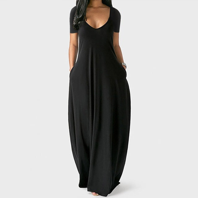 LIZAKOSHT  -  Women Maxi Dress Summer Casual V-neck Solid Long Dress Fashion Pockets Short Sleeve Loose Female Vestidos Plus Size Dress