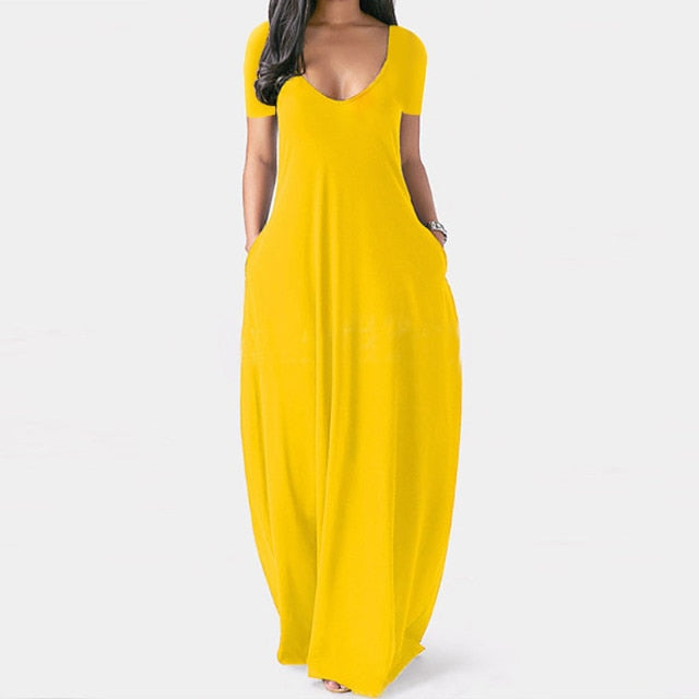 LIZAKOSHT  -  Women Maxi Dress Summer Casual V-neck Solid Long Dress Fashion Pockets Short Sleeve Loose Female Vestidos Plus Size Dress