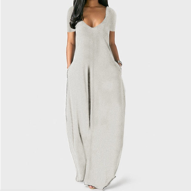 LIZAKOSHT  -  Women Maxi Dress Summer Casual V-neck Solid Long Dress Fashion Pockets Short Sleeve Loose Female Vestidos Plus Size Dress