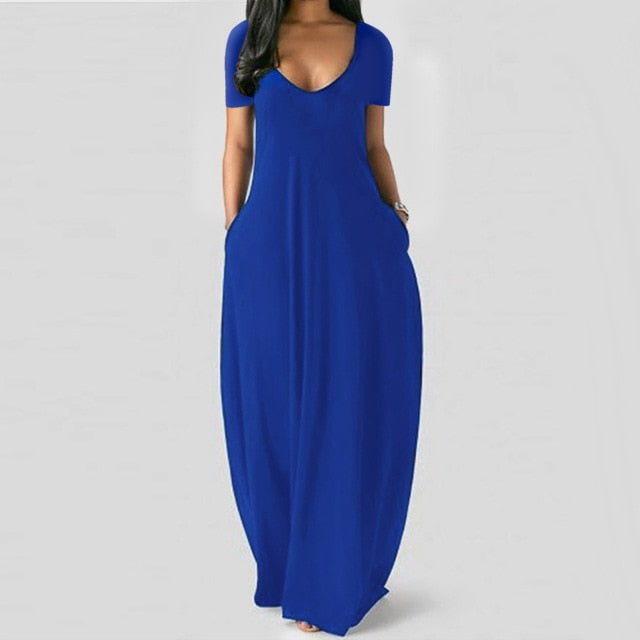 LIZAKOSHT  -  Women Maxi Dress Summer Casual V-neck Solid Long Dress Fashion Pockets Short Sleeve Loose Female Vestidos Plus Size Dress