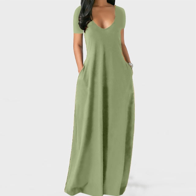LIZAKOSHT  -  Women Maxi Dress Summer Casual V-neck Solid Long Dress Fashion Pockets Short Sleeve Loose Female Vestidos Plus Size Dress