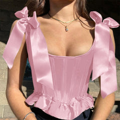 Bomblook 2021Solid Square Collar Patchwork Sleeveless Backless Lace Ribbons Y2K Corset Tops Summer Women Sweety Sexy Streetwears
