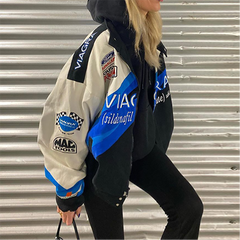 Spring and Autumn Fashion New Sports Style Blue Letter Print Stand Collar Casual Loose Colorblock Jacket Coat Women