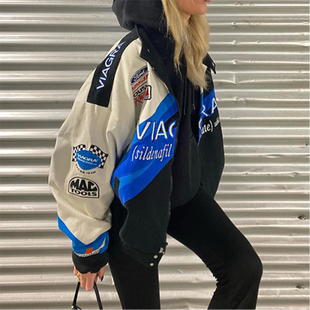 Spring and Autumn Fashion New Sports Style Blue Letter Print Stand Collar Casual Loose Colorblock Jacket Coat Women