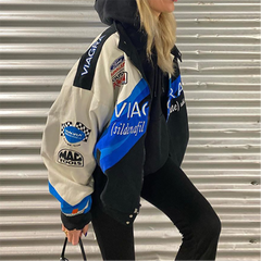 Spring and Autumn Fashion New Sports Style Blue Letter Print Stand Collar Casual Loose Colorblock Jacket Coat Women