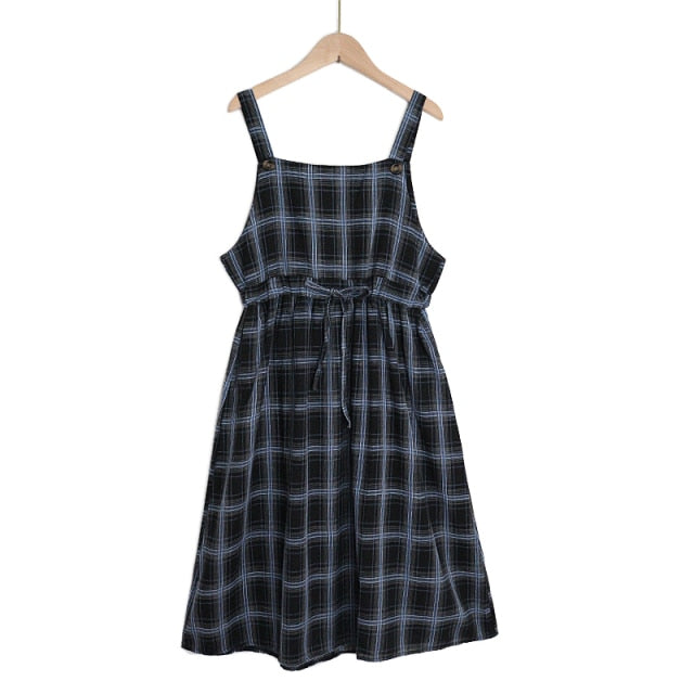 Summer Spaghetti Strap Plaid Dress High Waist Sleeveless Long Women Dress Casual Loose Kawaii Dresses Lolita Sundress