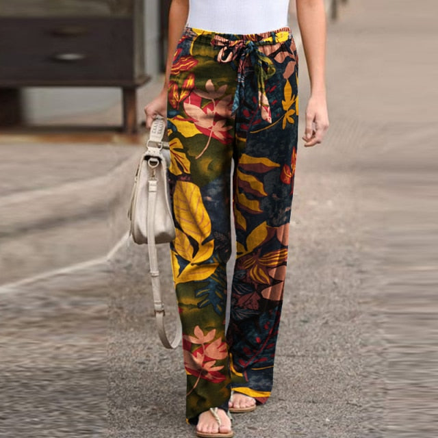 Vintage Printed Pants Women's Autumn Trousers ZANZEA 2021 Casual Elastic Waist Pantalon Palazzo Female Drawstring Long Turnip