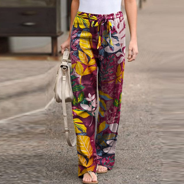 Vintage Printed Pants Women's Autumn Trousers ZANZEA 2021 Casual Elastic Waist Pantalon Palazzo Female Drawstring Long Turnip