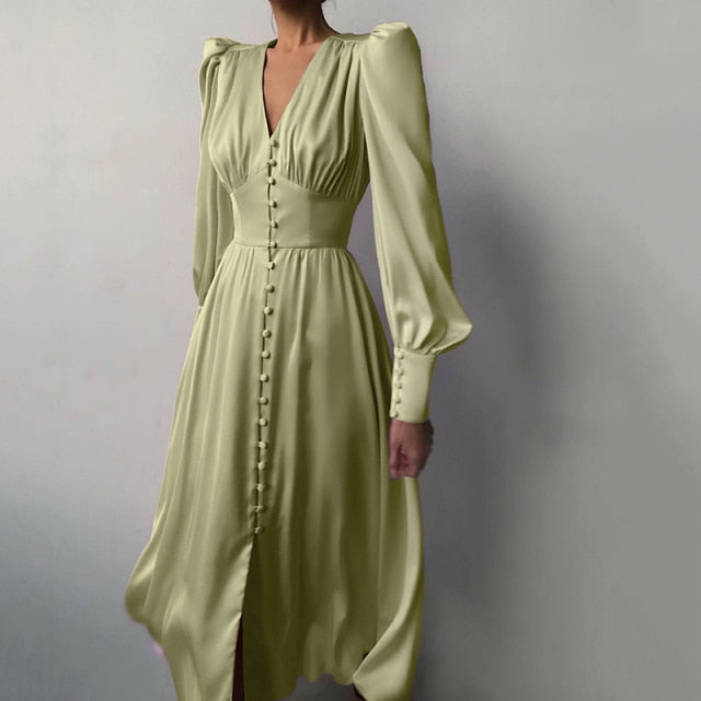 Satin Prom Women's Long Dress For Party Lantern Sleeve A-Line High Waist Slim Elegant Dresses 2021 Clothes New Year Ball Evening