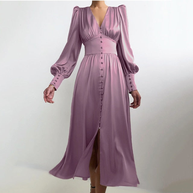 Satin Prom Women's Long Dress For Party Lantern Sleeve A-Line High Waist Slim Elegant Dresses 2021 Clothes New Year Ball Evening