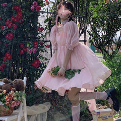 Korean Summer New Sweety Fairy Girly Style Dress Square Collar Puff Sleeve Ruffles Elegant Pure Princess Pink Dresses For Women