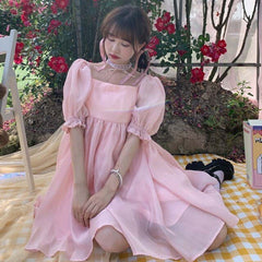 Korean Summer New Sweety Fairy Girly Style Dress Square Collar Puff Sleeve Ruffles Elegant Pure Princess Pink Dresses For Women