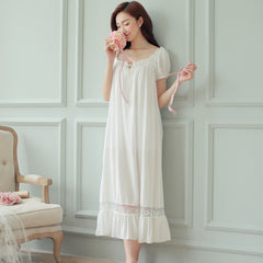 Summer Women Nightgowns White Cotton Short Sleeve Nightdress Vintage Long Sleepwear Lace Sexy Nightwear Home Night Dress