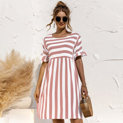 Women Summer Dress Cute Loose Striped Print Ruffles Sleeves Dresses Elegant A Line Patchwork Beach Party Female Dress Vestidos