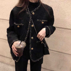 Korean Female Black Tweed Jacket Coat Women Outerwear Coats Channel Style Za Suit Cropped Stripeed Kawaii Vintage Fashion Suit