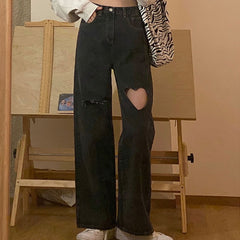 Streetwear Heart shaped hole  jeans for women high waist mom jeans vintage Black denim pants Full Length trouser Harajuku