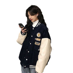 Contrasting Color Stitching Baseball Uniform Women Couple Students  Spring Autumn New Retro Jacket Corduroy Coat Tide 31