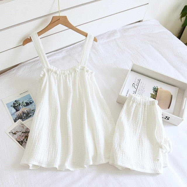 Summer New Style Ladies Pajamas Two-piece 100%Cotton Crepe Suspender Shorts Vest Suit Sweet And Loose Home Service Sexy Pjs