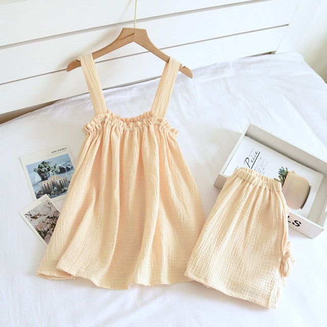 Summer New Style Ladies Pajamas Two-piece 100%Cotton Crepe Suspender Shorts Vest Suit Sweet And Loose Home Service Sexy Pjs