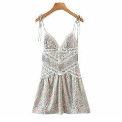 YENKYE Sexy Lace Patchwork Floral Print Sling Dress Women Backless V Neck A-line Summer Beach Dress Female Holiday Short Robe