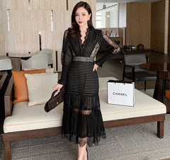 JSXDHK 2021 New Runway Designer Women Black Long Dress Elegant Spring Chiffon Patchwork Lace V Neck Lantern Sleeve Pleated Dress