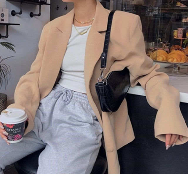 Double Breasted Blazer Long Sleeve Jacket Women Loose Coat 2021 Autumn Winter Female Streetwear Over Size Plus Clothes
