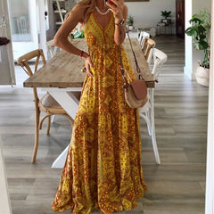 Women's Boho Vintage Maxi Dress Flora Print Deep V Neck Loose High Waist Dresses Spaghetti Strap Summer Retro Vestidos Clothes