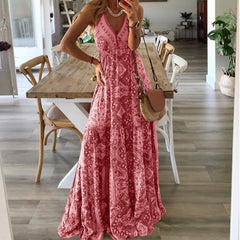 Women's Boho Vintage Maxi Dress Flora Print Deep V Neck Loose High Waist Dresses Spaghetti Strap Summer Retro Vestidos Clothes