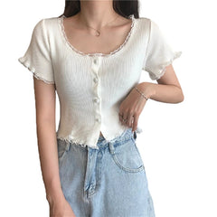 O Neck Ruffles Short Sleeve T Shirt Women Summer Casual Button Crop Top Basic Blue Pink T Shirt Tops
