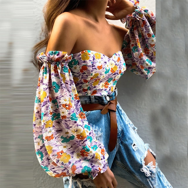 Elegant Floral Print Strapless Chiffon Shirt Fashion Women Off Shoulder Halter Sexy Blouse Shirt 2021 Summer Backeless Tops 3XL