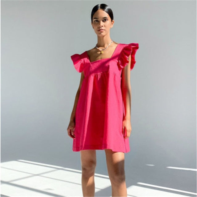 Muiches Casual Square Collar Butterfly Sleeve Mini Sweet Dress Woman Backless High Waist Loose Linen Solid Dress Summer