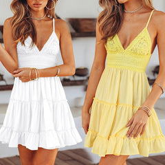 Lizakosht Summer Women Lace Mini Dress Sexy Backless V-neck Beach Dresses Halter Sleeveless Spaghetti Strap Ruffle Sundress White Dress