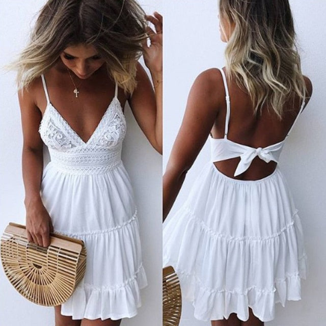 Lizakosht Summer Women Lace Mini Dress Sexy Backless V-neck Beach Dresses Halter Sleeveless Spaghetti Strap Ruffle Sundress White Dress