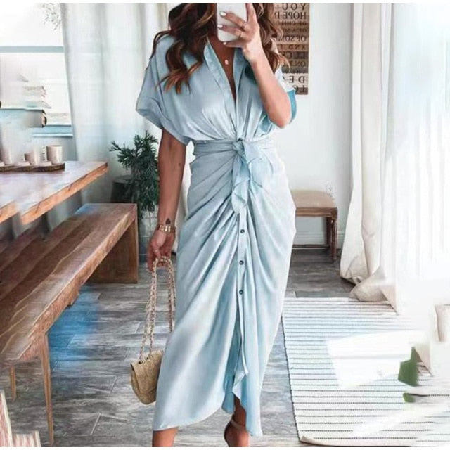 Women Summer Elegant Button Ruched Bandage Shirt Dress Fashion Casual Short Sleeve Solid V Neck Beach Maxi Dress