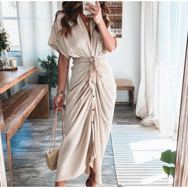 Women Summer Elegant Button Ruched Bandage Shirt Dress Fashion Casual Short Sleeve Solid V Neck Beach Maxi Dress