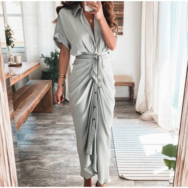 Women Summer Elegant Button Ruched Bandage Shirt Dress Fashion Casual Short Sleeve Solid V Neck Beach Maxi Dress