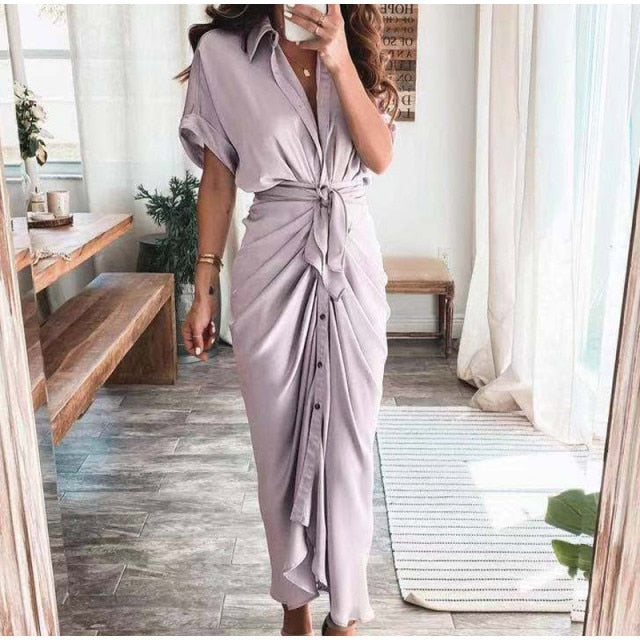 Women Summer Elegant Button Ruched Bandage Shirt Dress Fashion Casual Short Sleeve Solid V Neck Beach Maxi Dress