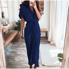 Women Summer Elegant Button Ruched Bandage Shirt Dress Fashion Casual Short Sleeve Solid V Neck Beach Maxi Dress