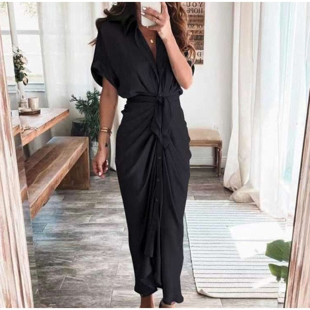 Women Summer Elegant Button Ruched Bandage Shirt Dress Fashion Casual Short Sleeve Solid V Neck Beach Maxi Dress