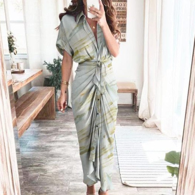 Women Summer Elegant Button Ruched Bandage Shirt Dress Fashion Casual Short Sleeve Solid V Neck Beach Maxi Dress