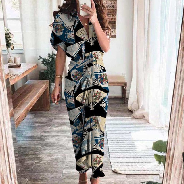 Women Summer Elegant Button Ruched Bandage Shirt Dress Fashion Casual Short Sleeve Solid V Neck Beach Maxi Dress